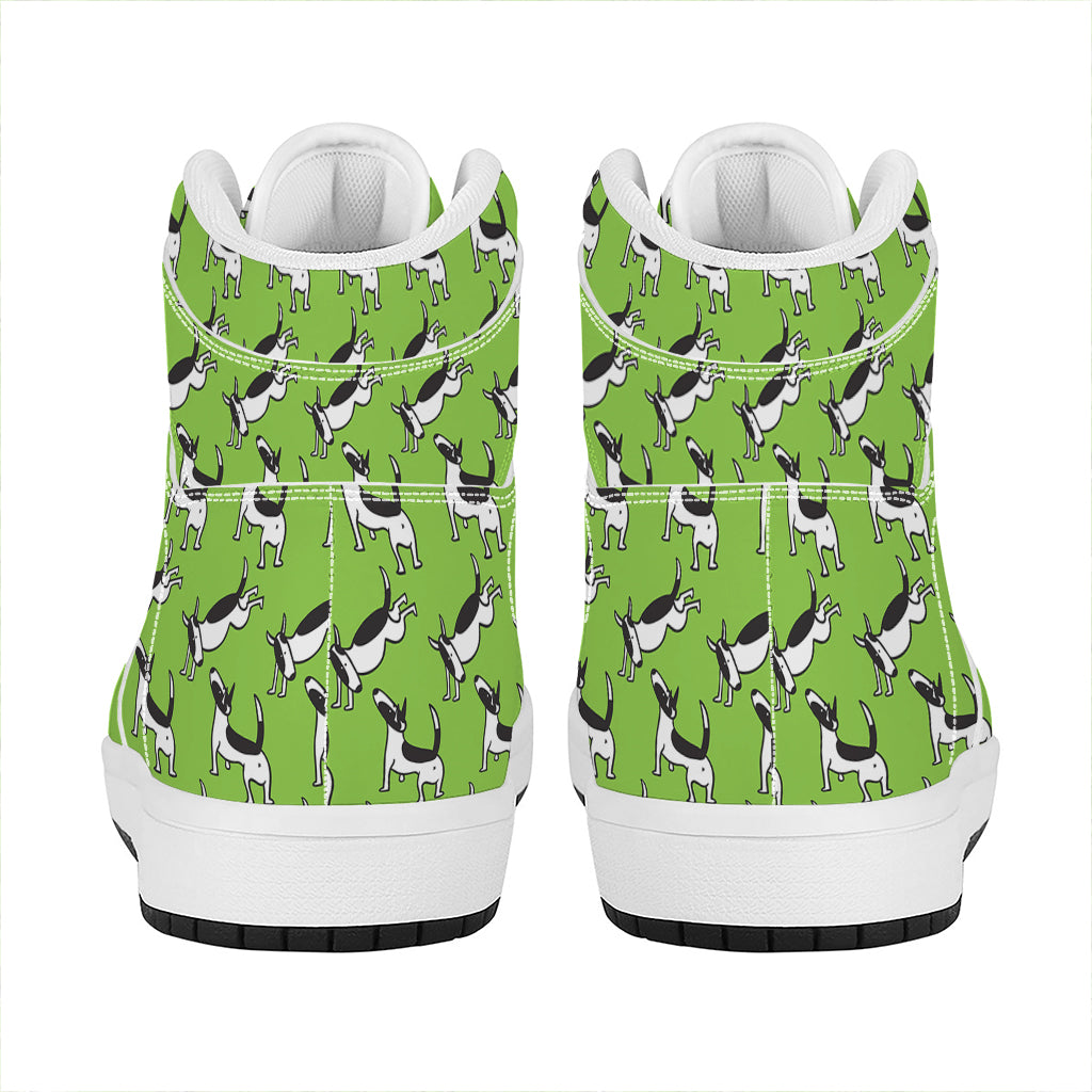 Green Doodle Bull Terrier Pattern Print High Top Leather Sneakers