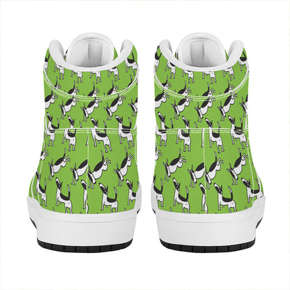 Green Doodle Bull Terrier Pattern Print High Top Leather Sneakers