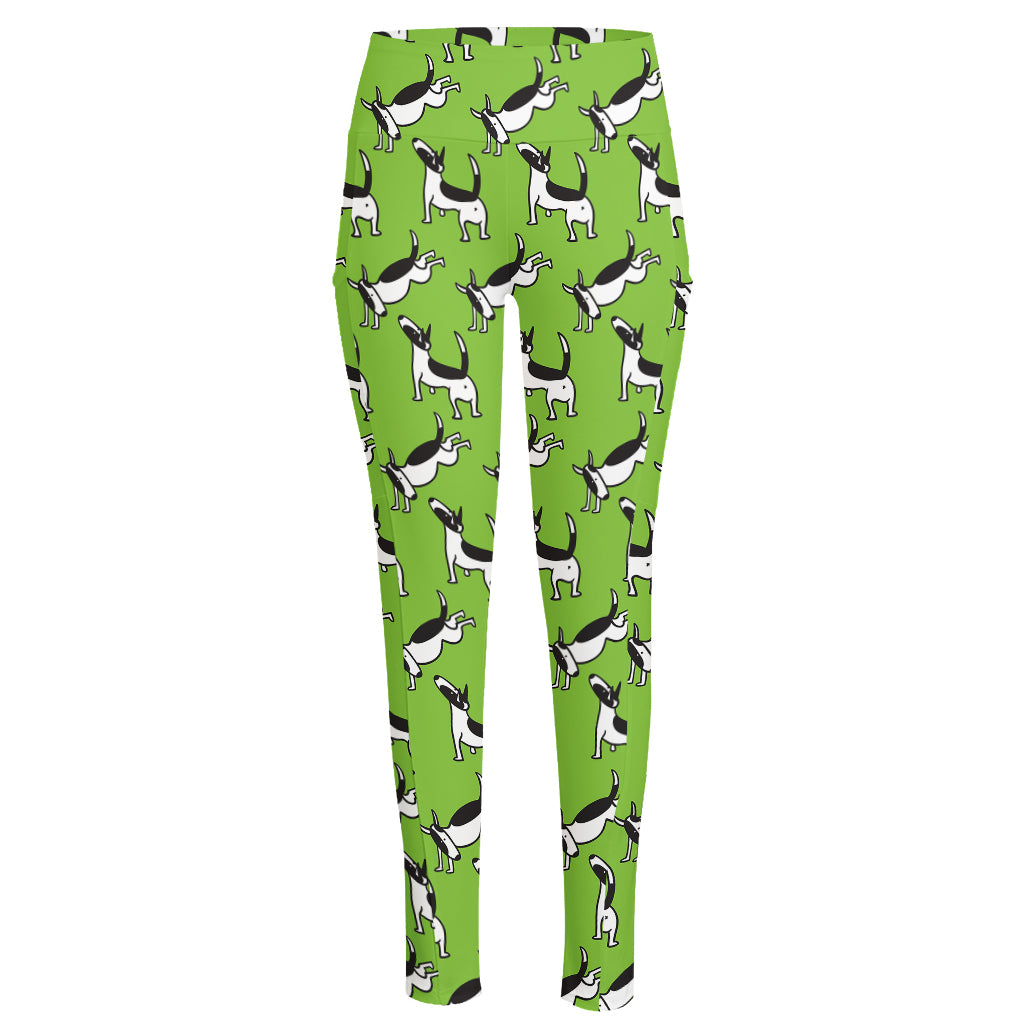 Green Doodle Bull Terrier Pattern Print High-Waisted Pocket Leggings