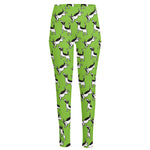 Green Doodle Bull Terrier Pattern Print High-Waisted Pocket Leggings