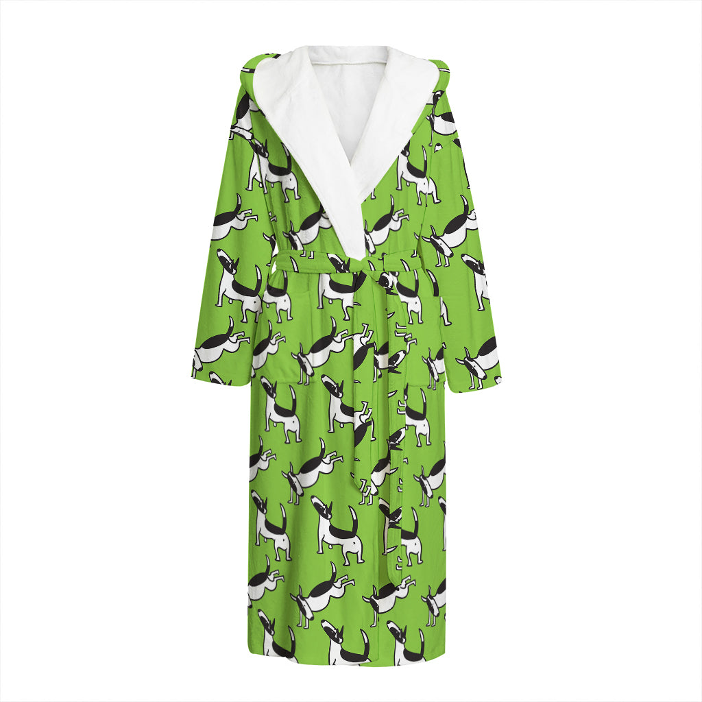 Green Doodle Bull Terrier Pattern Print Hooded Bathrobe