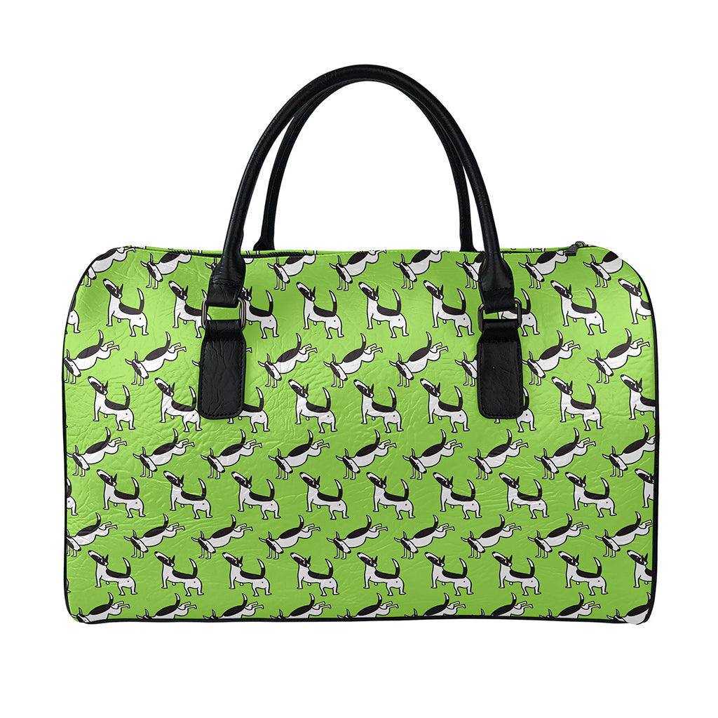 Green Doodle Bull Terrier Pattern Print Leather Duffle Bag