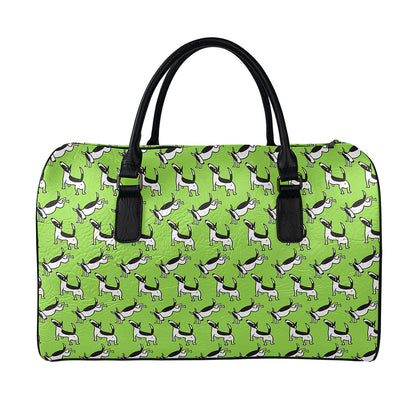 Green Doodle Bull Terrier Pattern Print Leather Duffle Bag