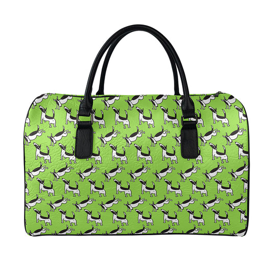Green Doodle Bull Terrier Pattern Print Leather Duffle Bag