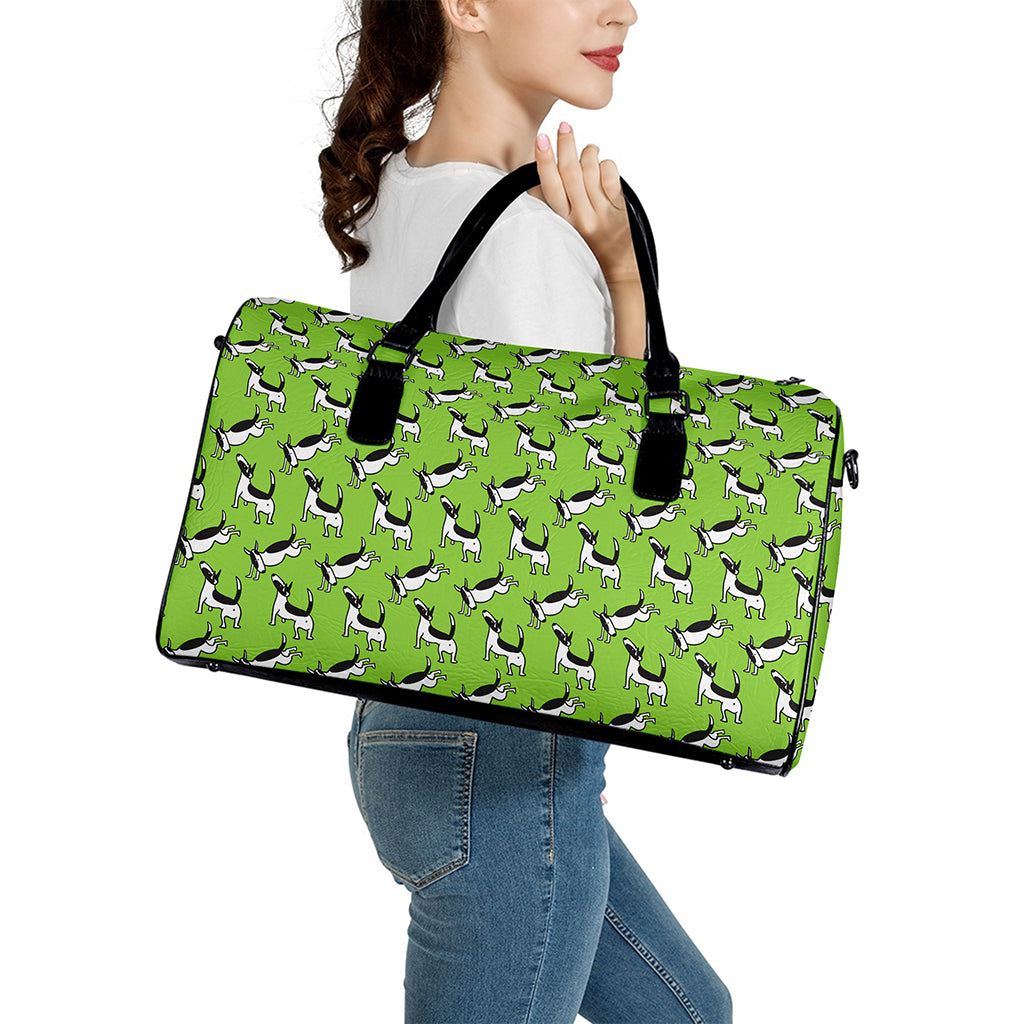 Green Doodle Bull Terrier Pattern Print Leather Duffle Bag