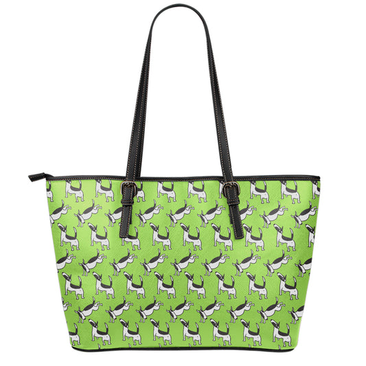 Green Doodle Bull Terrier Pattern Print Leather Tote Bag
