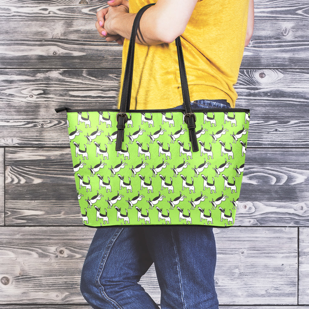 Green Doodle Bull Terrier Pattern Print Leather Tote Bag