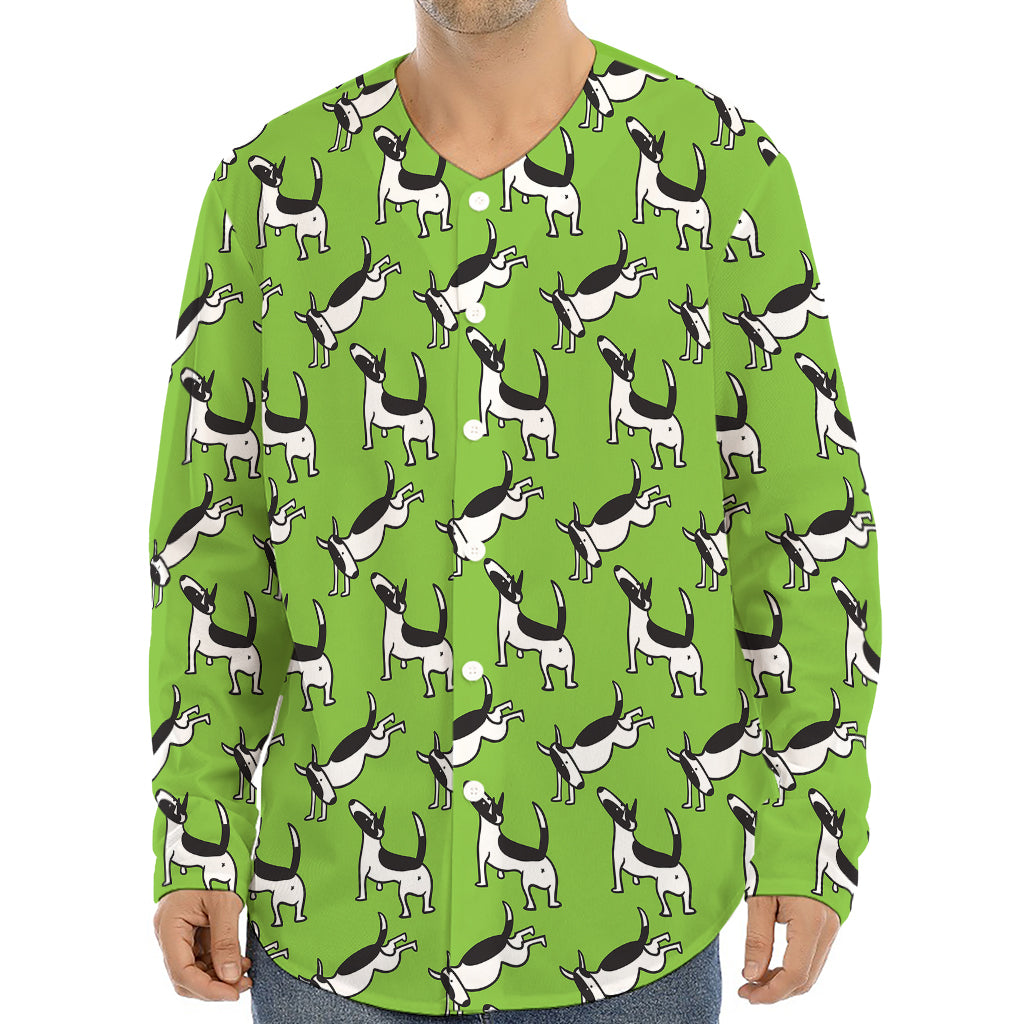 Green Doodle Bull Terrier Pattern Print Long Sleeve Baseball Jersey