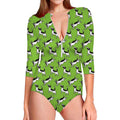 Green Doodle Bull Terrier Pattern Print Long Sleeve Swimsuit