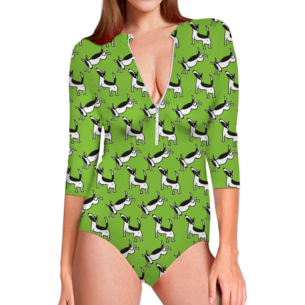 Green Doodle Bull Terrier Pattern Print Long Sleeve Swimsuit