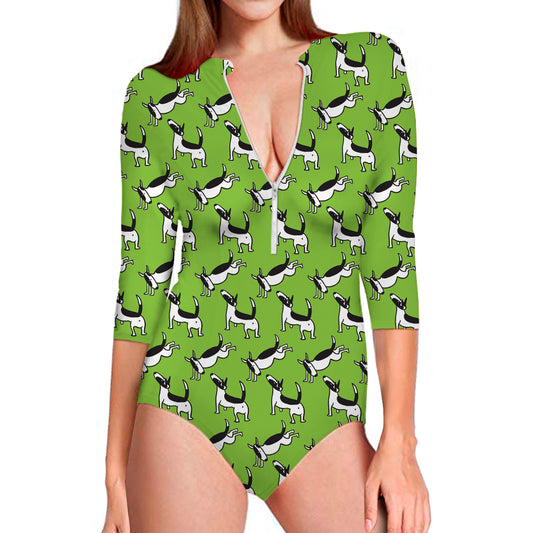 Green Doodle Bull Terrier Pattern Print Long Sleeve Swimsuit