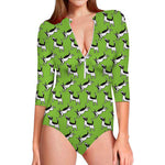 Green Doodle Bull Terrier Pattern Print Long Sleeve Swimsuit