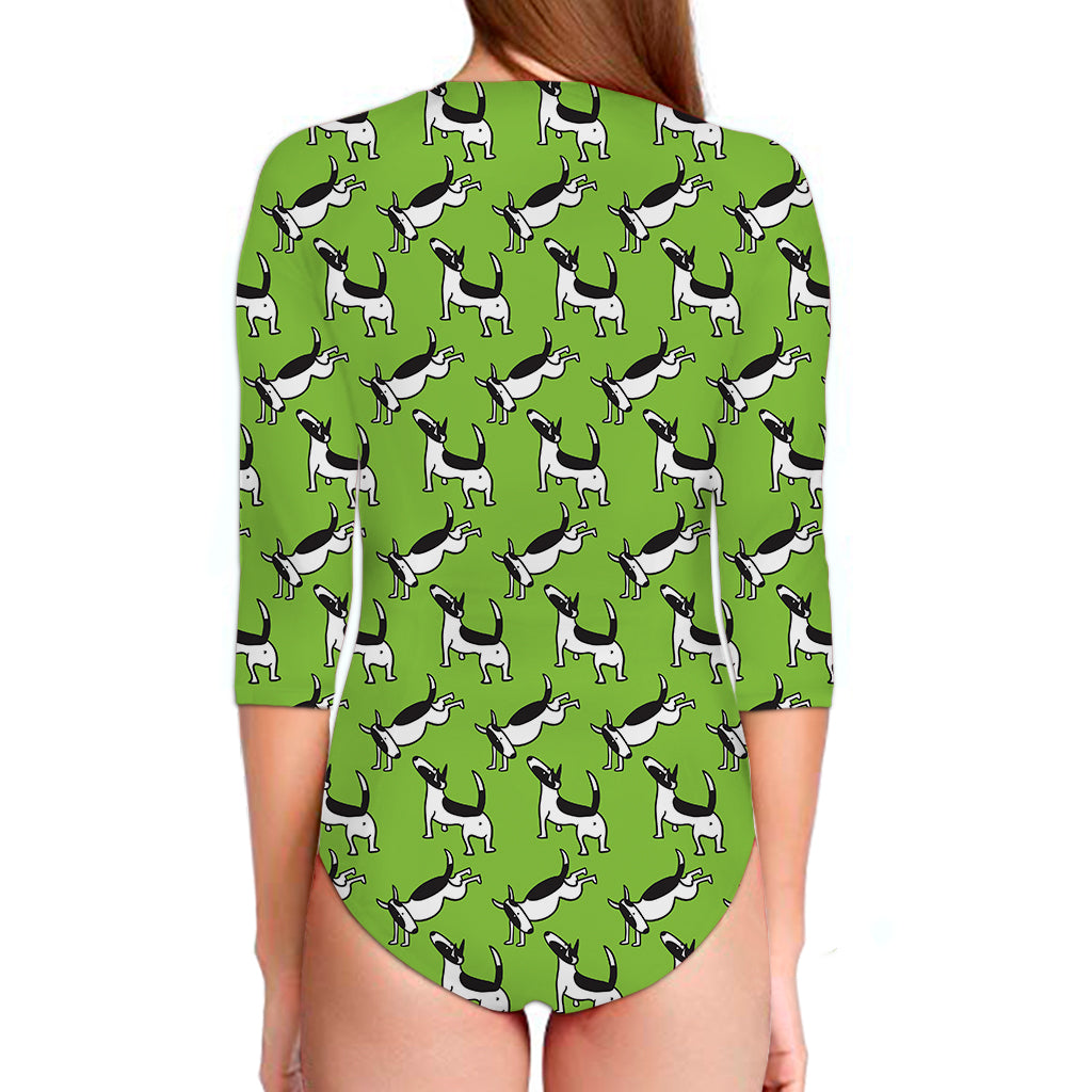Green Doodle Bull Terrier Pattern Print Long Sleeve Swimsuit