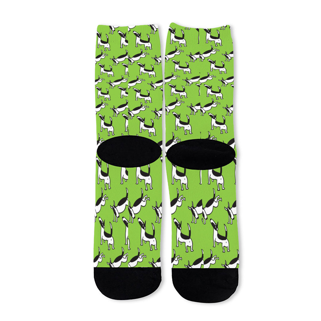 Green Doodle Bull Terrier Pattern Print Long Socks