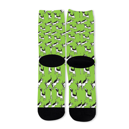 Green Doodle Bull Terrier Pattern Print Long Socks