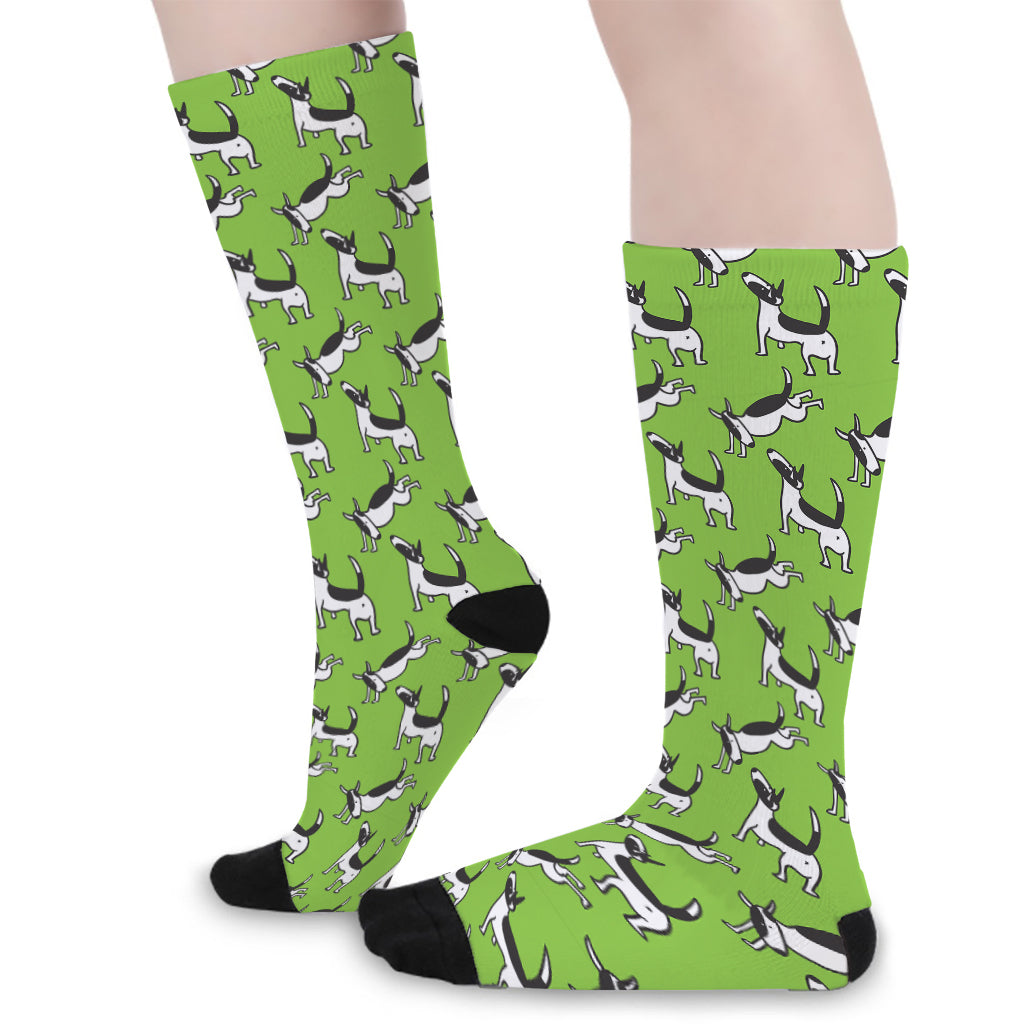 Green Doodle Bull Terrier Pattern Print Long Socks