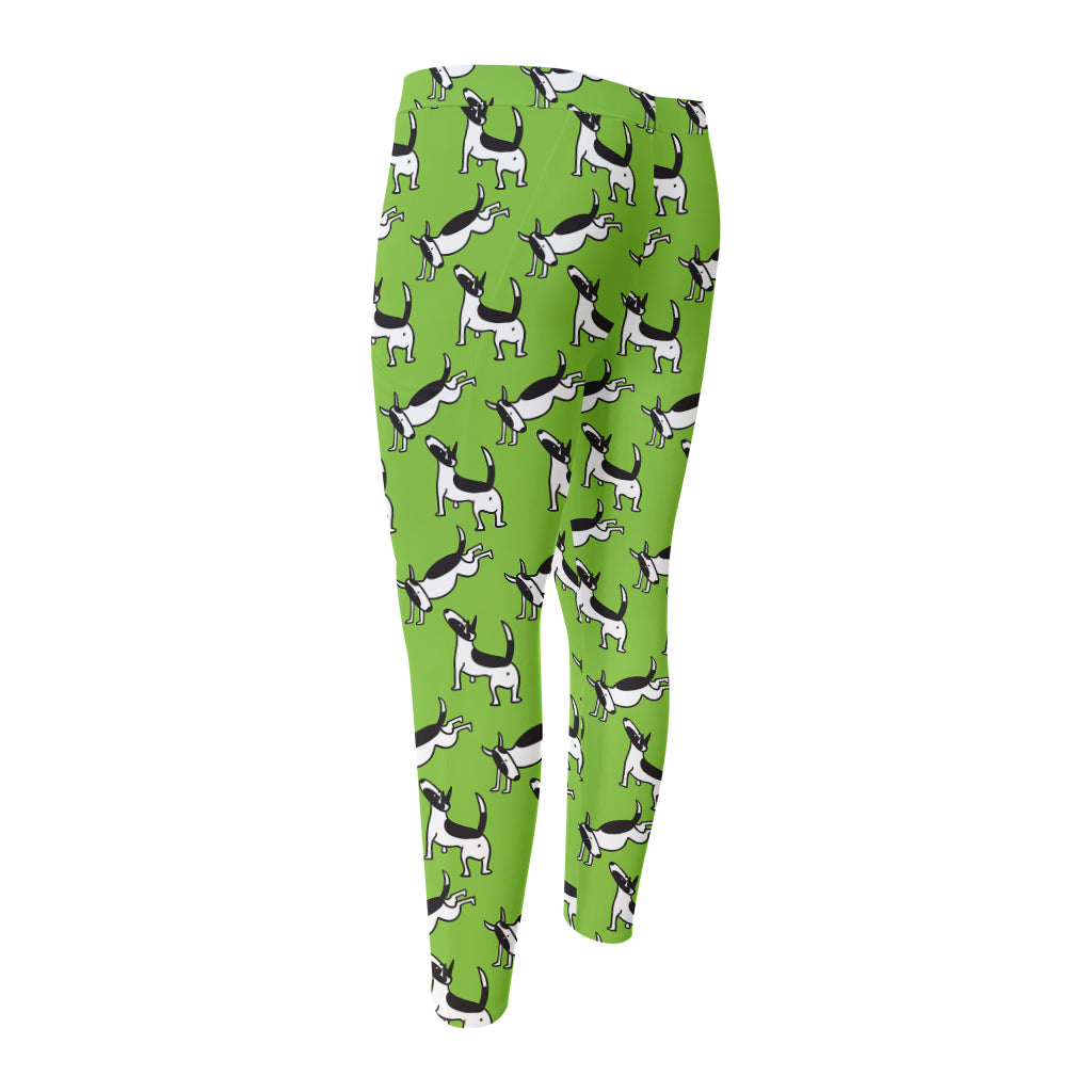 Green Doodle Bull Terrier Pattern Print Men's Compression Pants