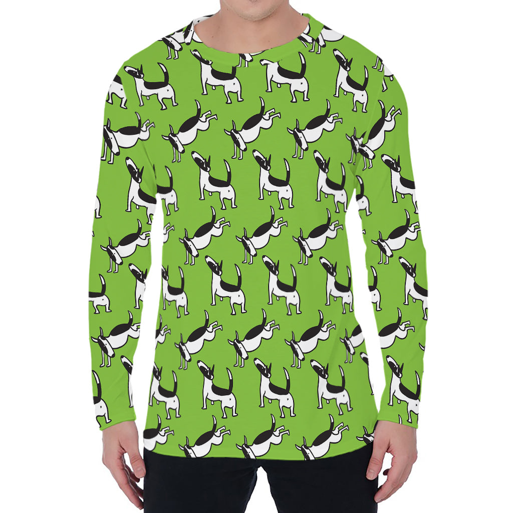 Green Doodle Bull Terrier Pattern Print Men's Long Sleeve T-Shirt