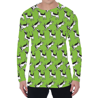 Green Doodle Bull Terrier Pattern Print Men's Long Sleeve T-Shirt