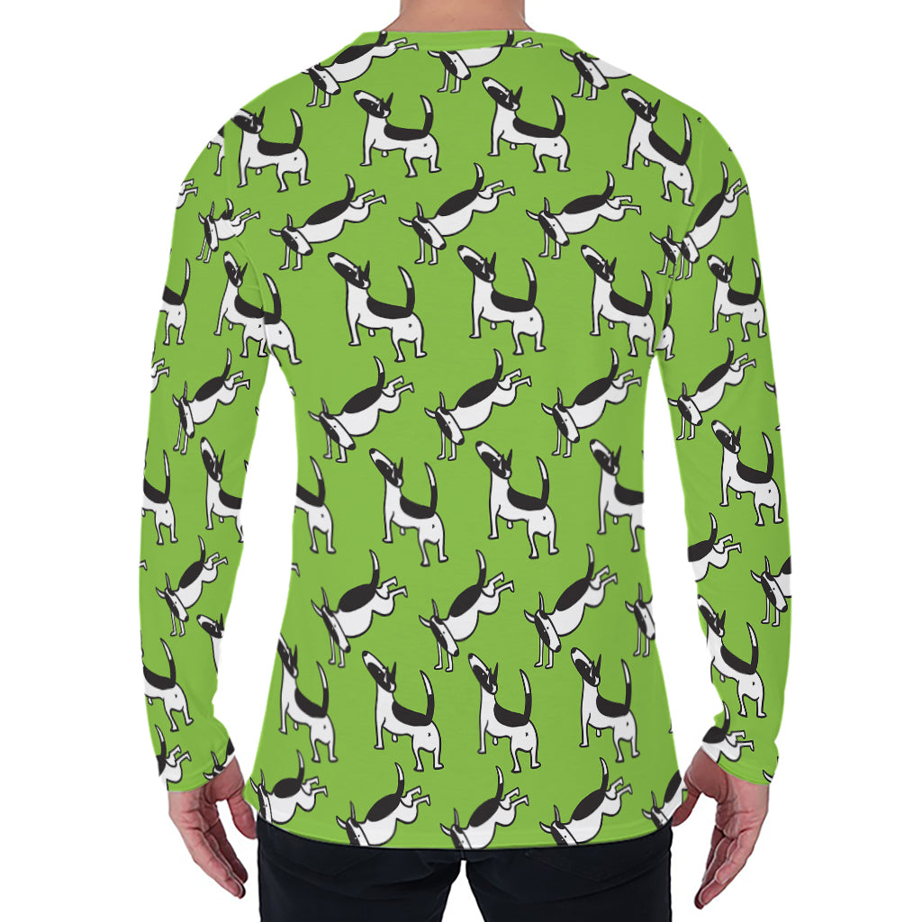 Green Doodle Bull Terrier Pattern Print Men's Long Sleeve T-Shirt
