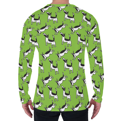 Green Doodle Bull Terrier Pattern Print Men's Long Sleeve T-Shirt