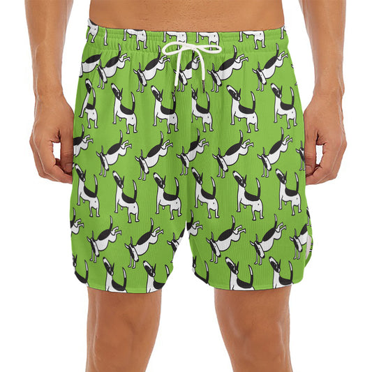 Green Doodle Bull Terrier Pattern Print Men's Split Running Shorts
