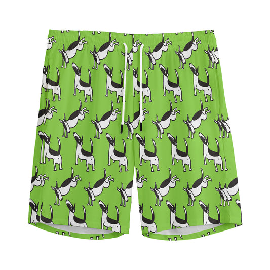 Green Doodle Bull Terrier Pattern Print Men's Sports Shorts