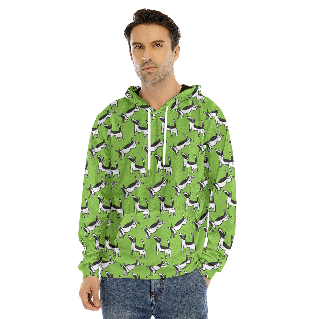 Green Doodle Bull Terrier Pattern Print Men's Velvet Pullover Hoodie