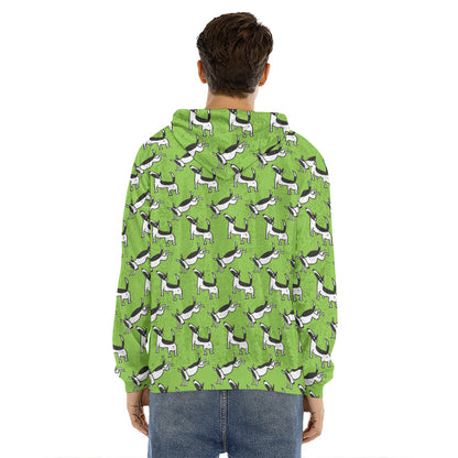 Green Doodle Bull Terrier Pattern Print Men's Velvet Pullover Hoodie