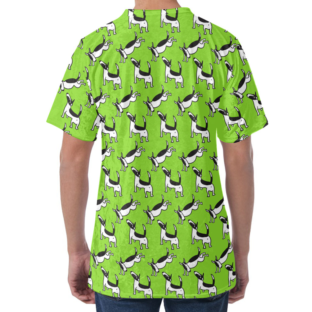 Green Doodle Bull Terrier Pattern Print Men's Velvet T-Shirt