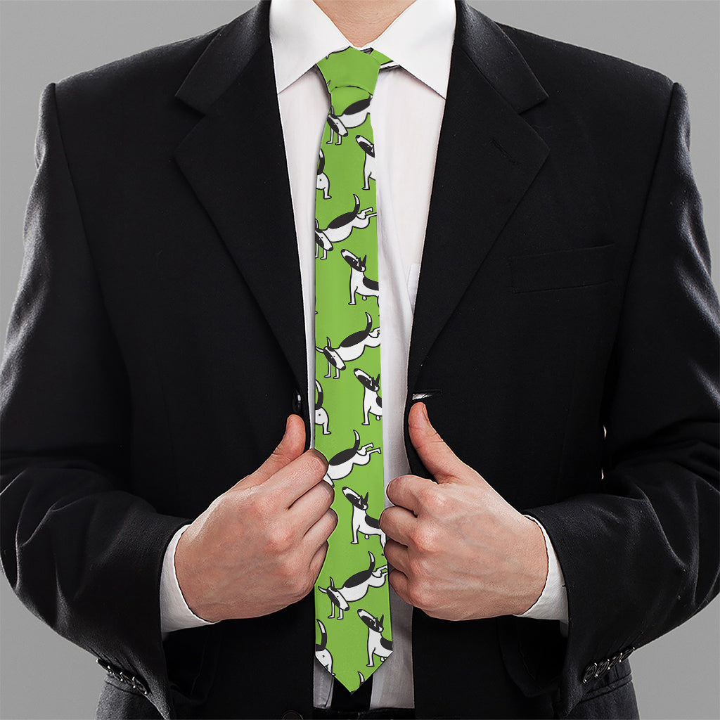 Green Doodle Bull Terrier Pattern Print Necktie