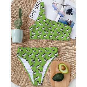 Green Doodle Bull Terrier Pattern Print One Shoulder Bikini Top