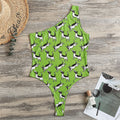 Green Doodle Bull Terrier Pattern Print One Shoulder Bodysuit