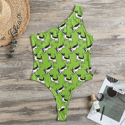 Green Doodle Bull Terrier Pattern Print One Shoulder Bodysuit