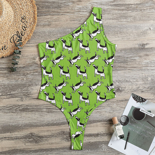 Green Doodle Bull Terrier Pattern Print One Shoulder Bodysuit