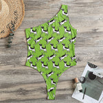 Green Doodle Bull Terrier Pattern Print One Shoulder Bodysuit