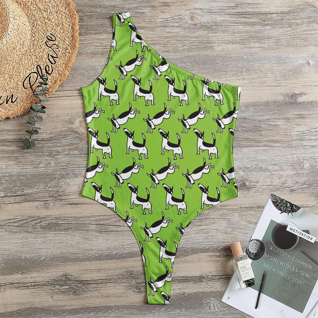 Green Doodle Bull Terrier Pattern Print One Shoulder Bodysuit