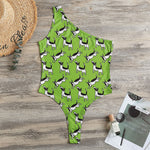 Green Doodle Bull Terrier Pattern Print One Shoulder Bodysuit