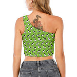 Green Doodle Bull Terrier Pattern Print One Shoulder Crop Top