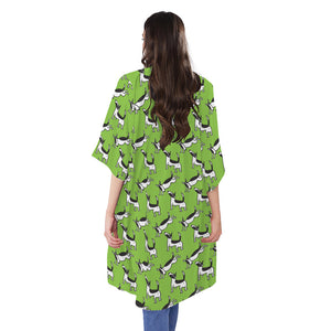 Green Doodle Bull Terrier Pattern Print Open Front Beach Cover Up