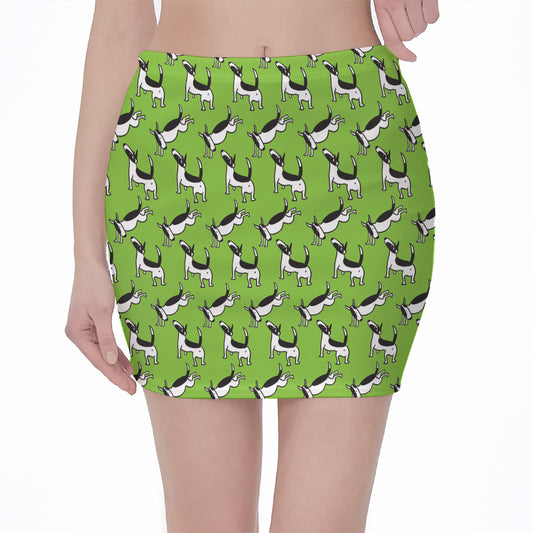 Green Doodle Bull Terrier Pattern Print Pencil Mini Skirt