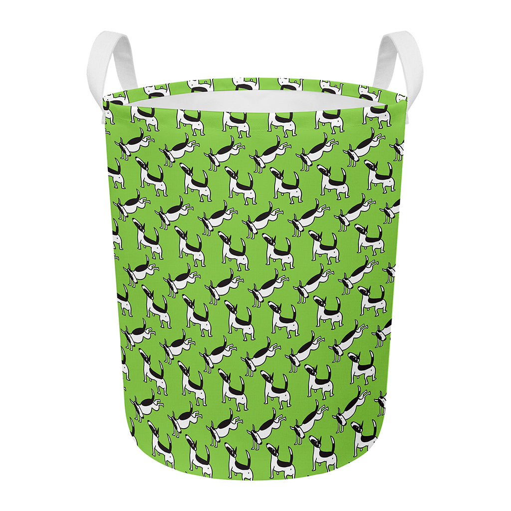 Green Doodle Bull Terrier Pattern Print Round Laundry Basket