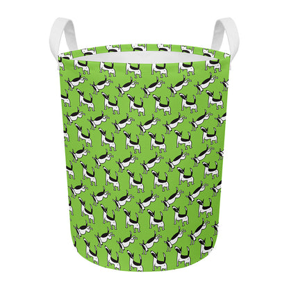 Green Doodle Bull Terrier Pattern Print Round Laundry Basket