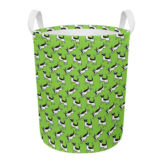 Green Doodle Bull Terrier Pattern Print Round Laundry Basket