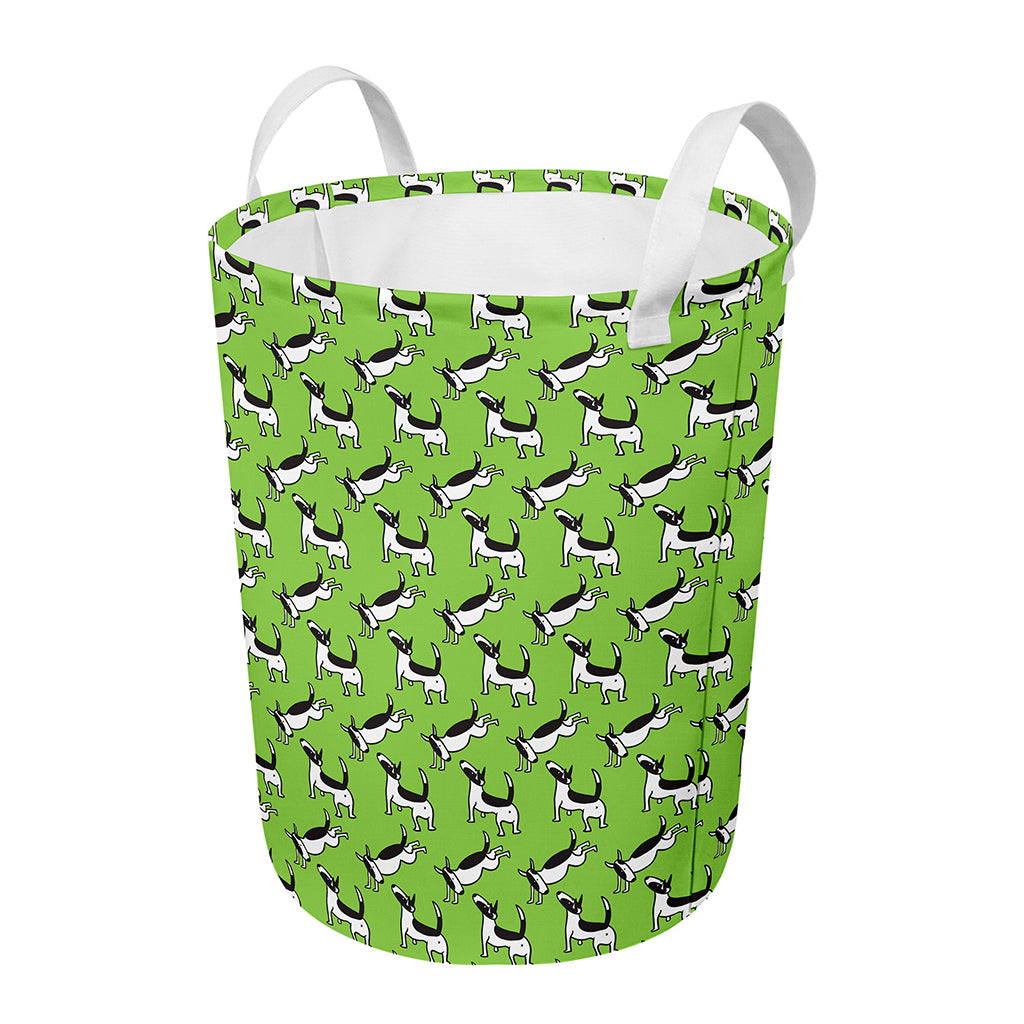 Green Doodle Bull Terrier Pattern Print Round Laundry Basket