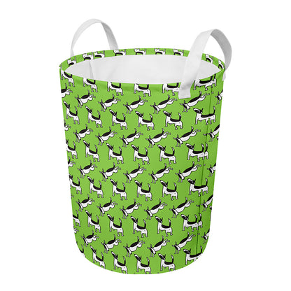 Green Doodle Bull Terrier Pattern Print Round Laundry Basket