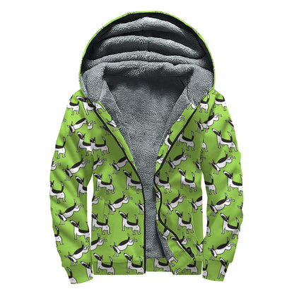 Green Doodle Bull Terrier Pattern Print Sherpa Lined Zip Up Hoodie