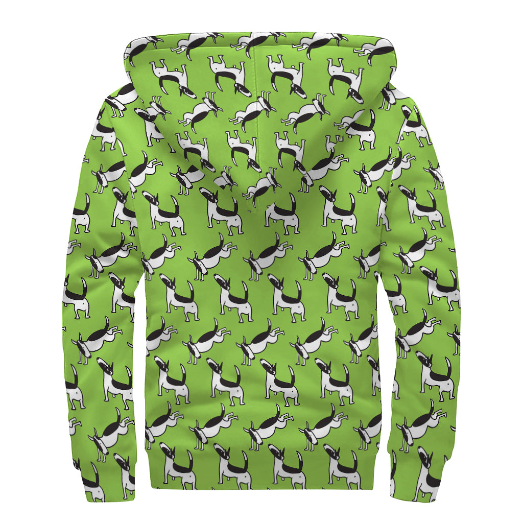 Green Doodle Bull Terrier Pattern Print Sherpa Lined Zip Up Hoodie