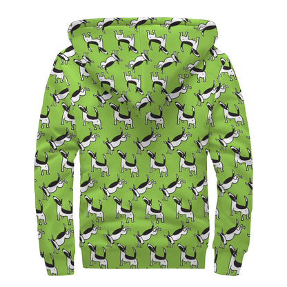 Green Doodle Bull Terrier Pattern Print Sherpa Lined Zip Up Hoodie