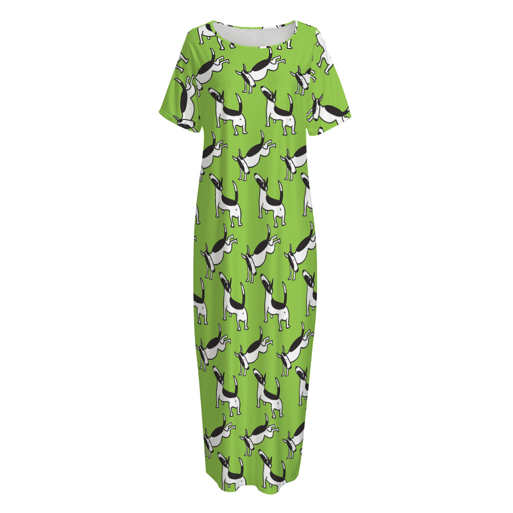 Green Doodle Bull Terrier Pattern Print Short Sleeve Long Nightdress